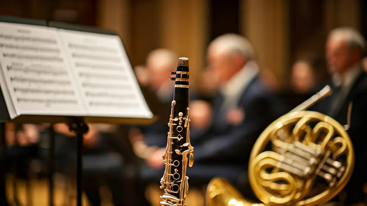 Imagen genérica de instrumentos musicales, un clarinete y una trompa, sobre un atril.