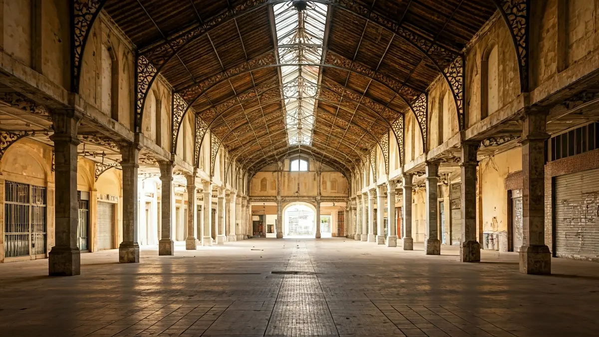 Image of an old, disused municipal market, with open space and natural light, awaiting a new cultural function.