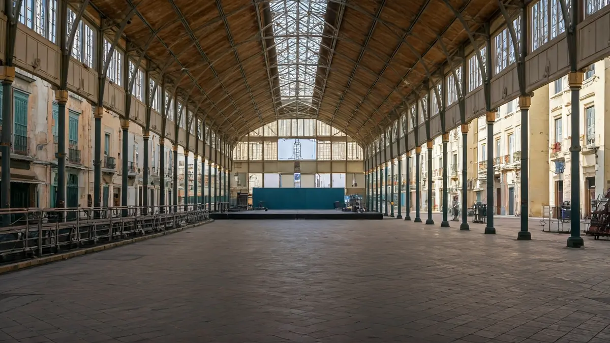 Image of an empty municipal market, with an open, bright space, suggesting an alternative use as a theater.