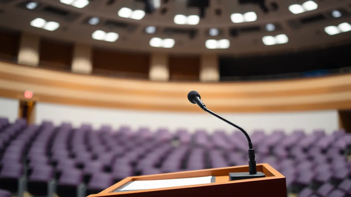 Generic image of a microphone on a podium, symbolizing a political announcement or assembly.