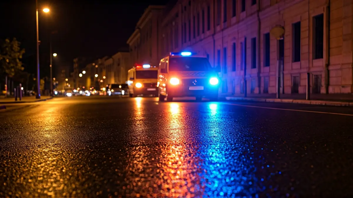 Generic image of emergency lights reflecting on wet asphalt.