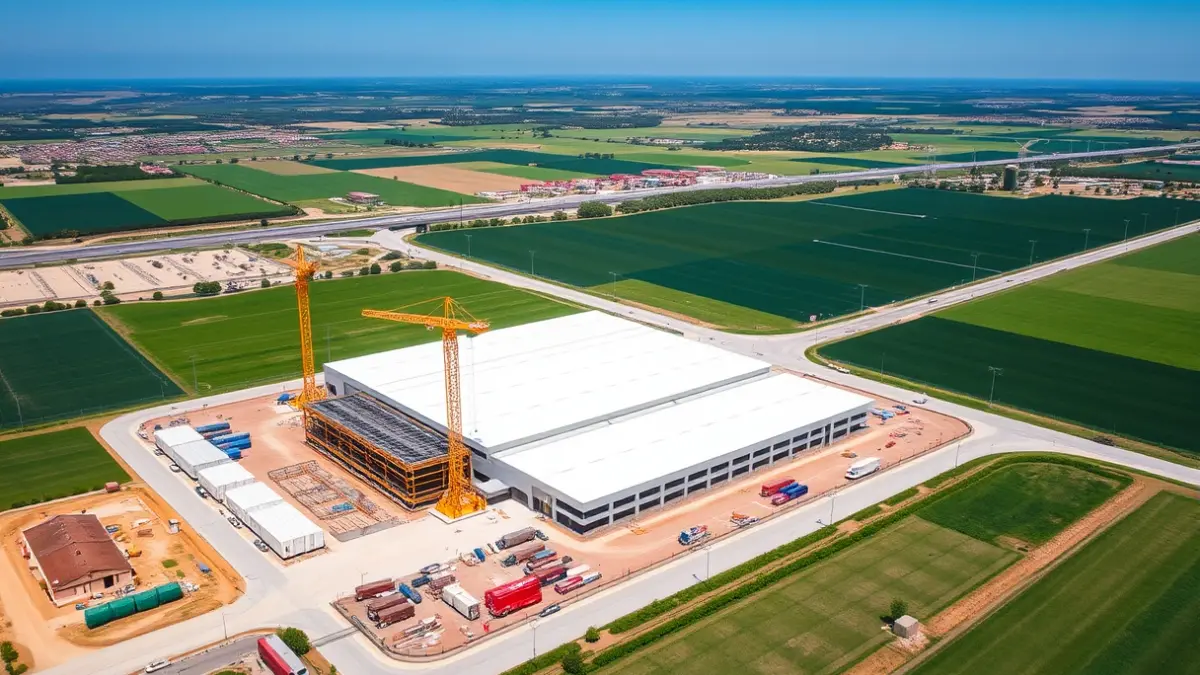 Imatge aèria d'un gran centre logístic modern en construcció, amb grues i materials, en un paisatge mediterrani.