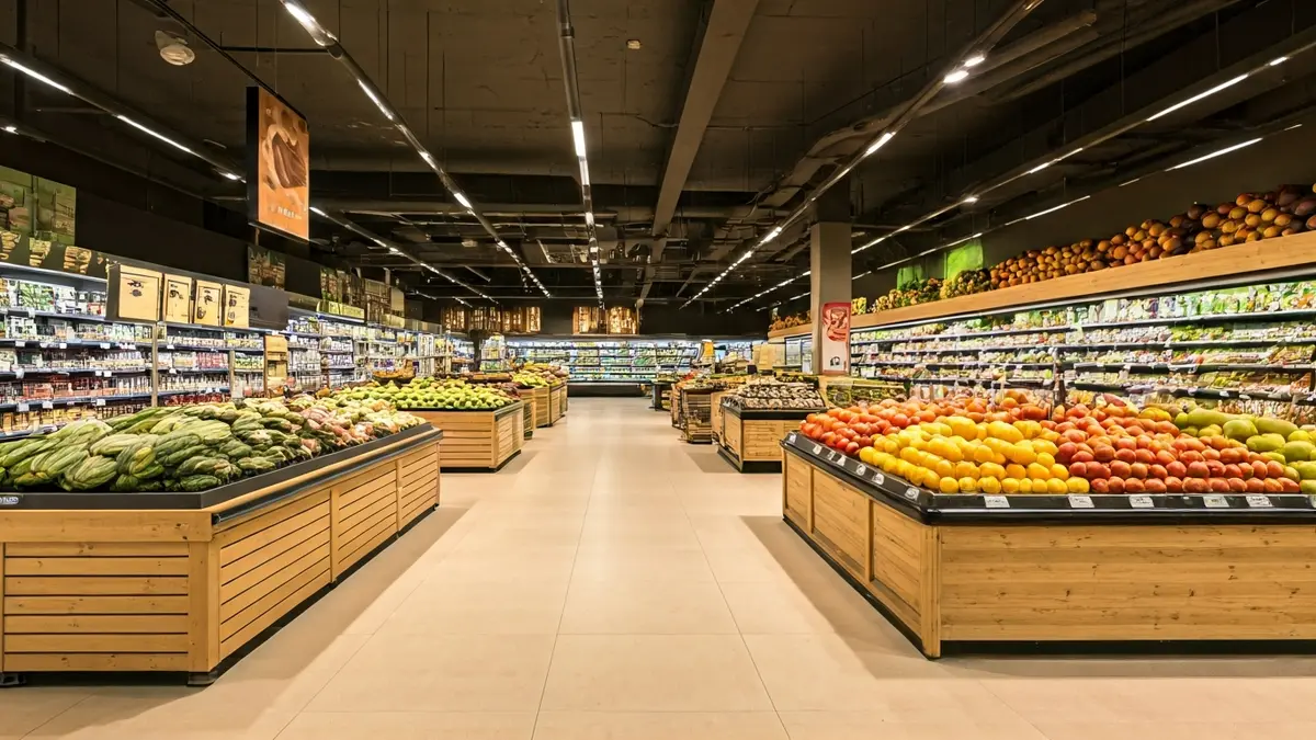 Imagen genérica del interior de un supermercado moderno con pasillos amplios y secciones de productos frescos.
