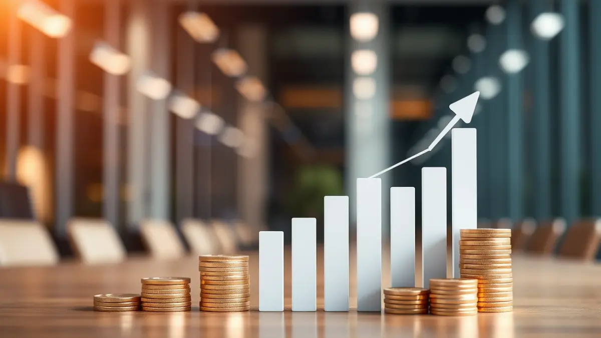Imagen genérica de crecimiento financiero con gráficos y monedas, en un entorno de oficina.