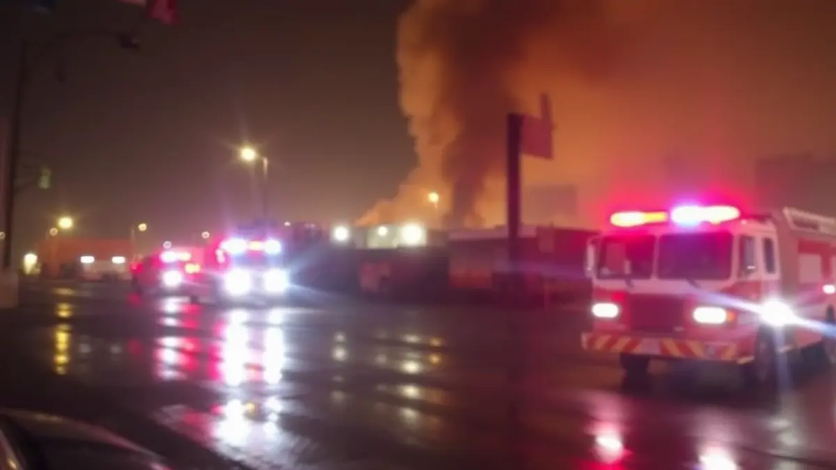Generic image of an industrial fire with emergency lights reflecting on wet ground and smoke in the air.