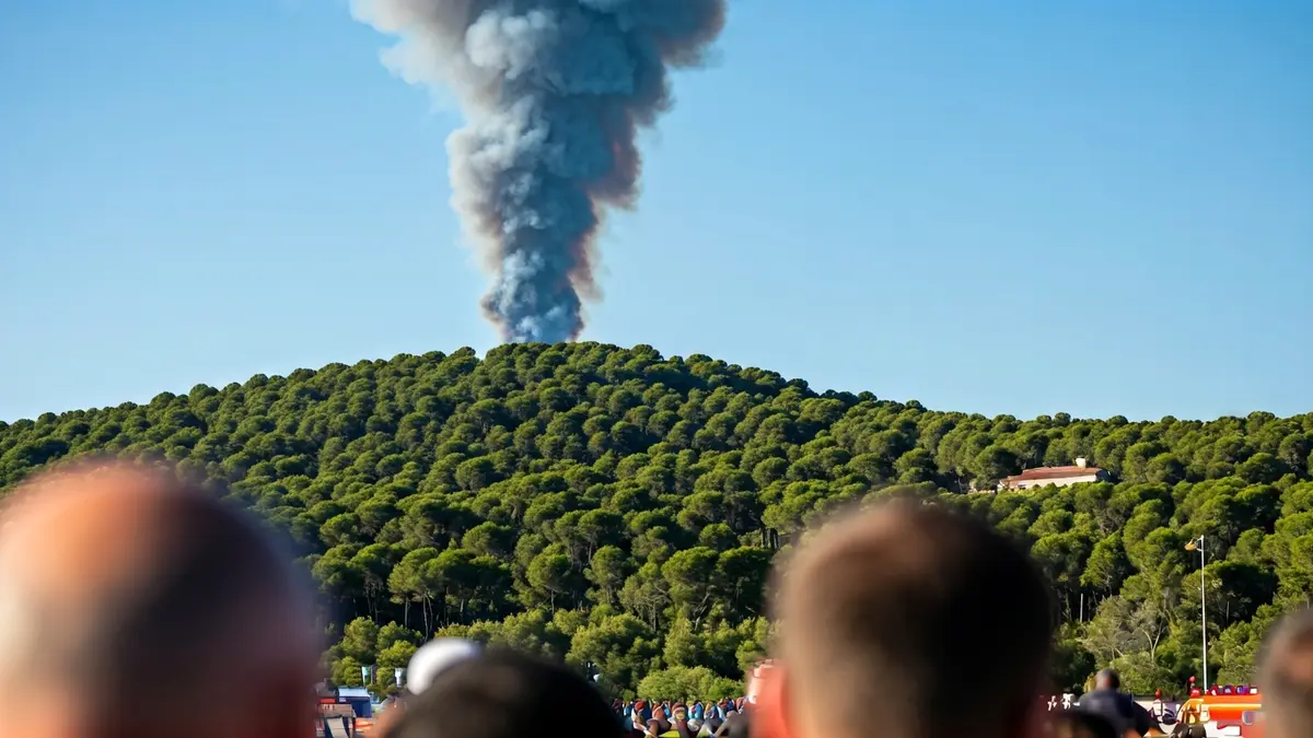 Imagen genérica de una columna de humo sobre un bosque mediterráneo con luces de emergencia borrosas.