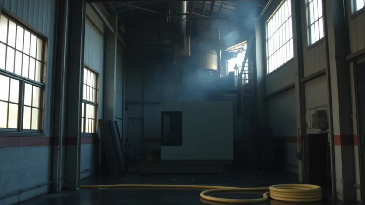 Image of an industrial building with minor fire damage to a machine.