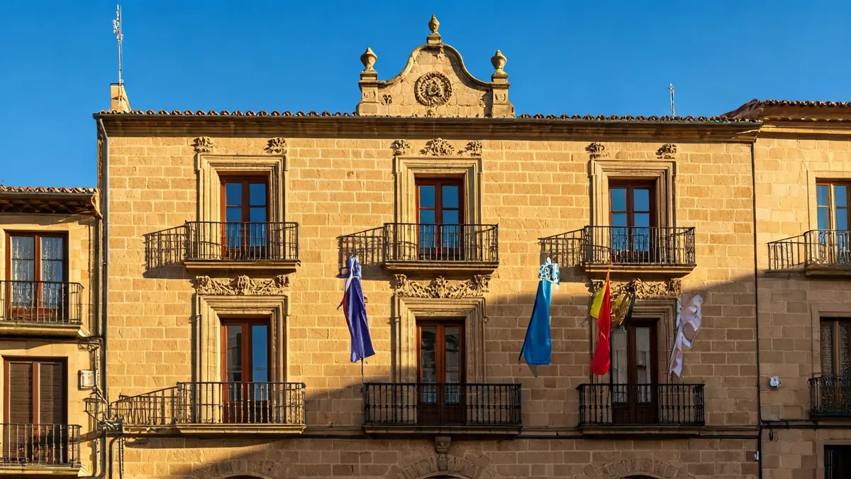 Facade of Costur town hall, with balcony and iron railings, illuminated by the afternoon sun.