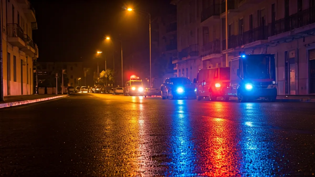 Imagen genérica de luces de emergencia reflejándose sobre el asfalto mojado de noche.