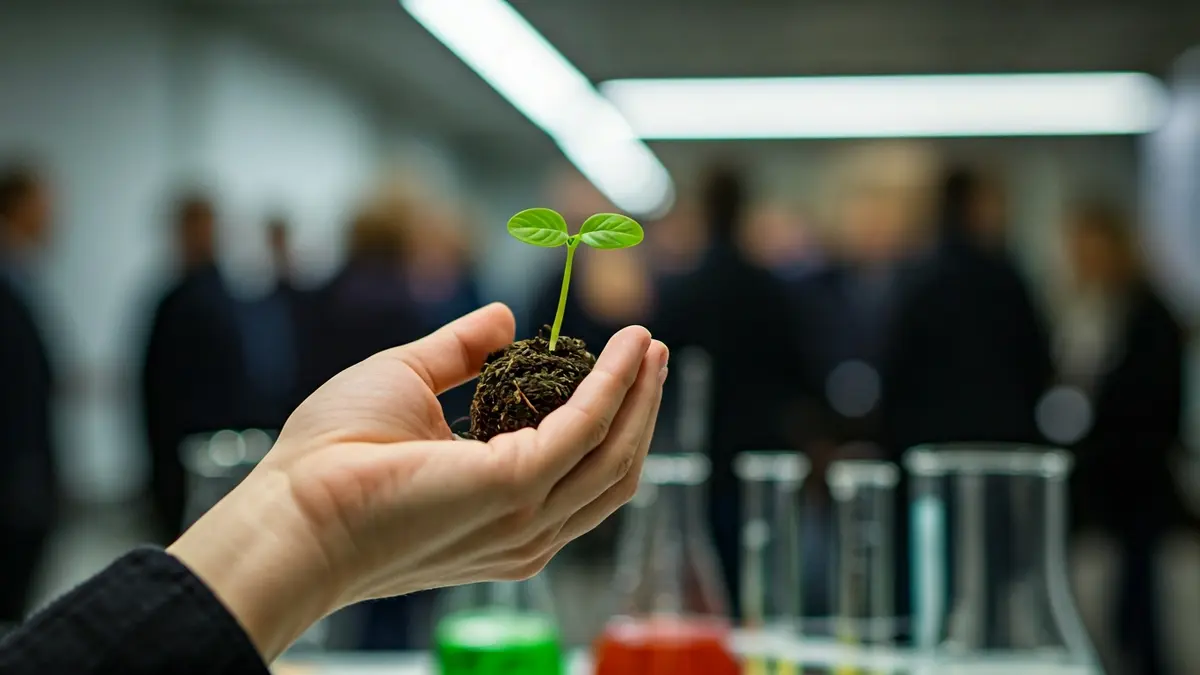 Generic image of agricultural biotechnology, with a hand holding a plant sprout in a laboratory setting.