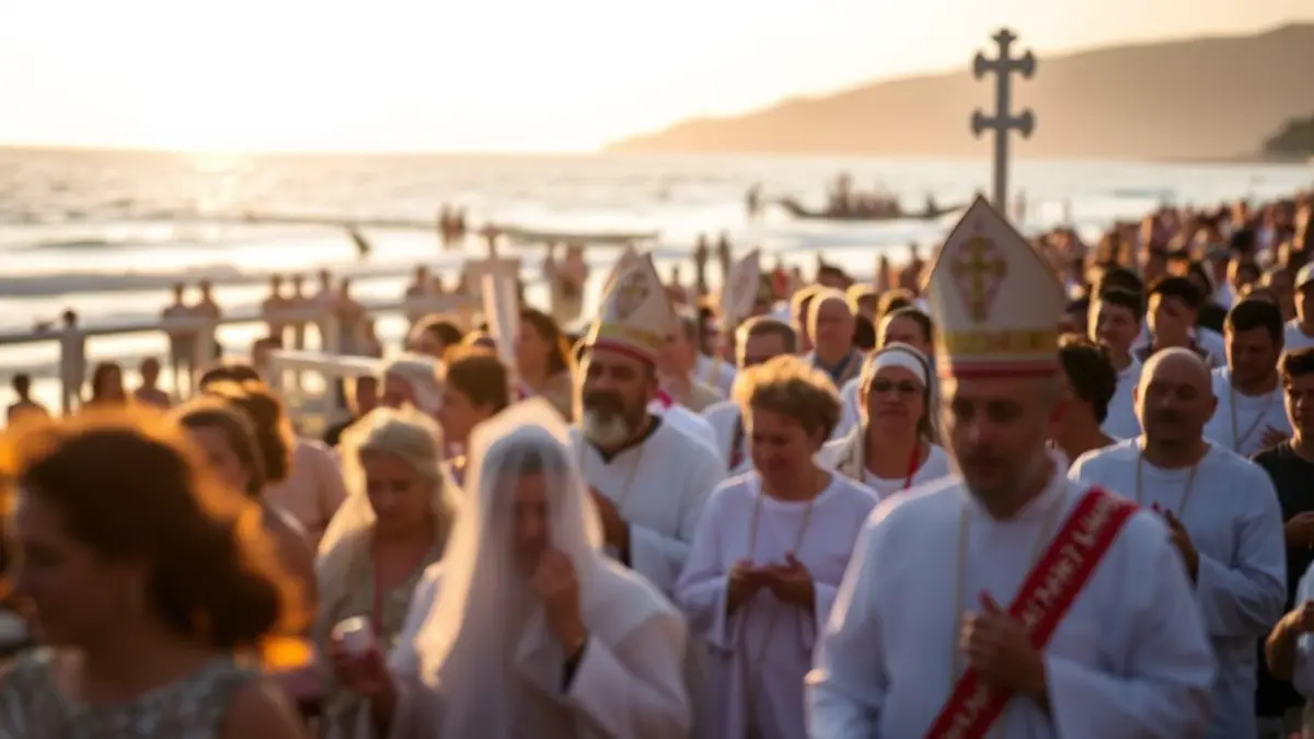 Imatge de la processó de l'Aurora de Sant Antoni en una platja valenciana a l'alba.