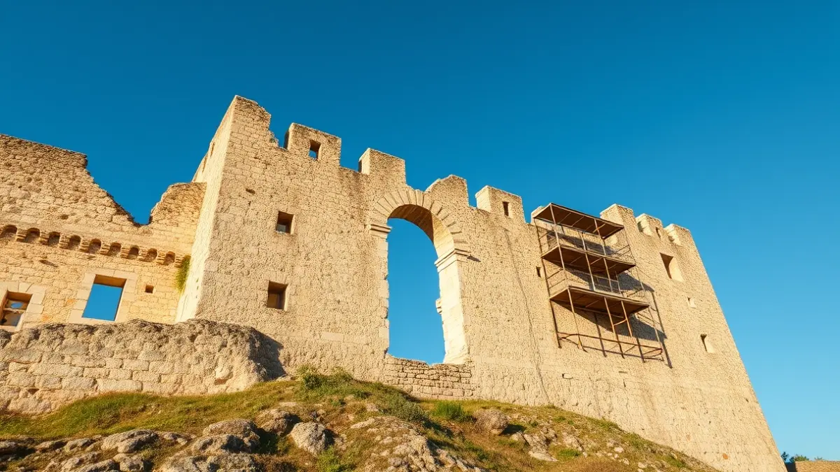Imatge del mur del Castell de Cullera en procés de restauració.