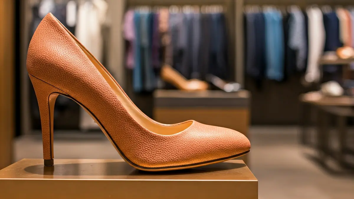 Generic image of a high-heeled shoe in a fashion store.