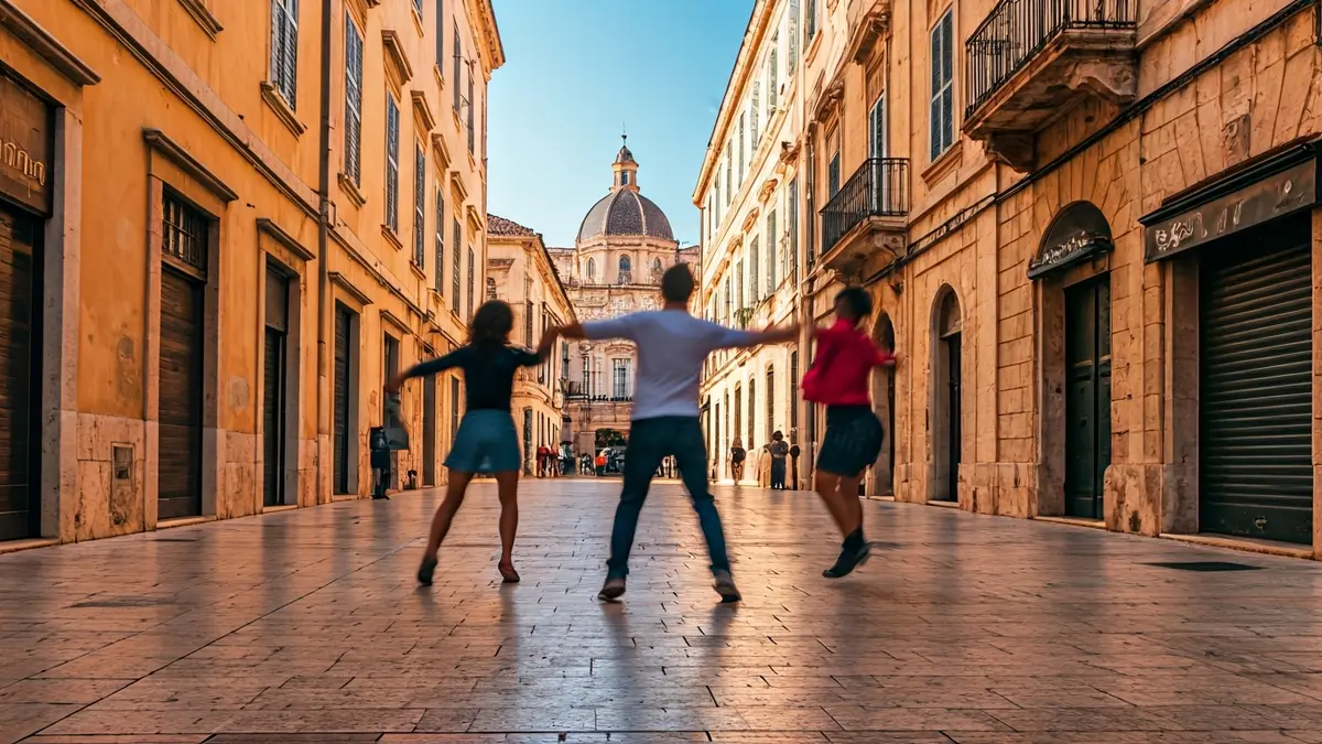 Imagen de una escena de danza urbana en una calle de Valencia, con bailarines en movimiento y edificios históricos al fondo.