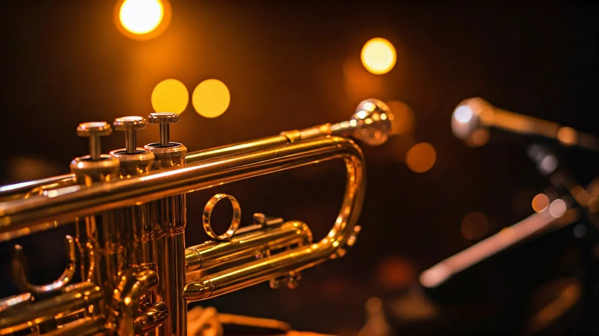 Imagen genérica de una trompeta en un escenario de jazz, con luces cálidas.