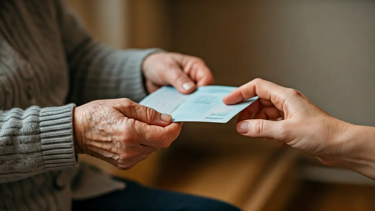 Generic image of an elderly person's hands with a bank passbook and other hands nearby, suggesting fraud.