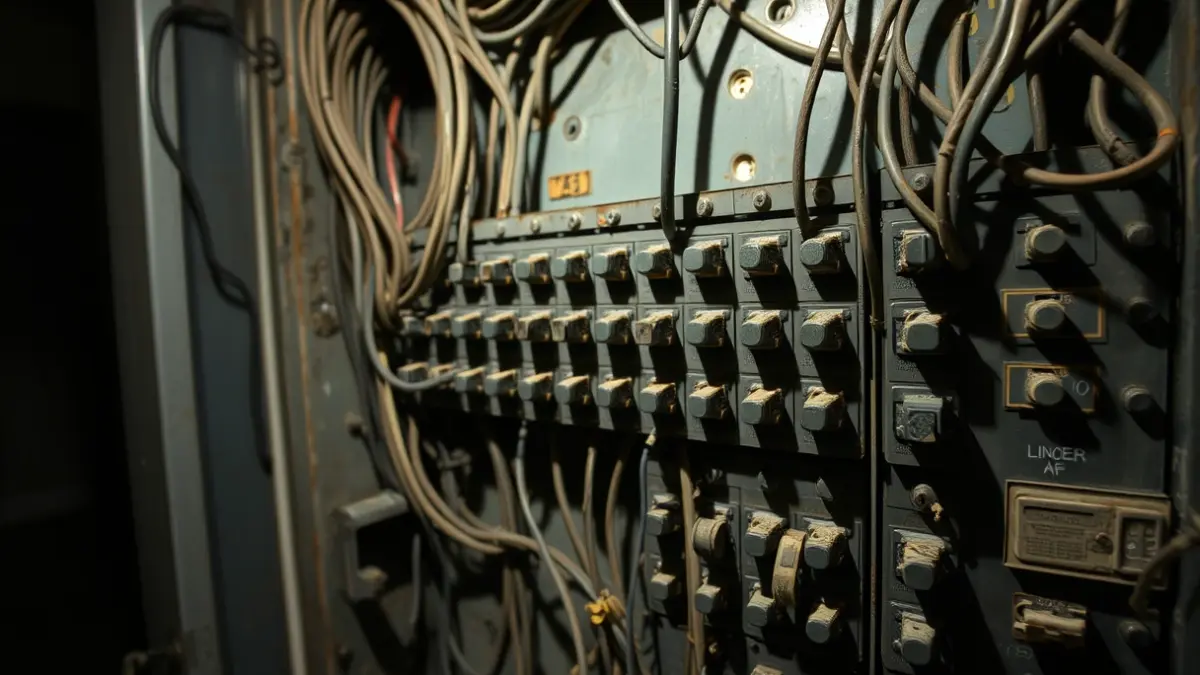 Imatge d'un quadre elèctric obsolet en un centre educatiu, amb cables i interruptors, que mostra signes de desgast i possible perill.