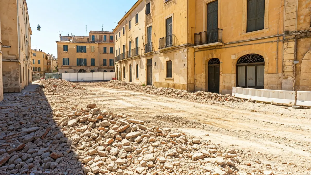 Image of a demolition in a Mediterranean city center, with rubble and construction barriers.