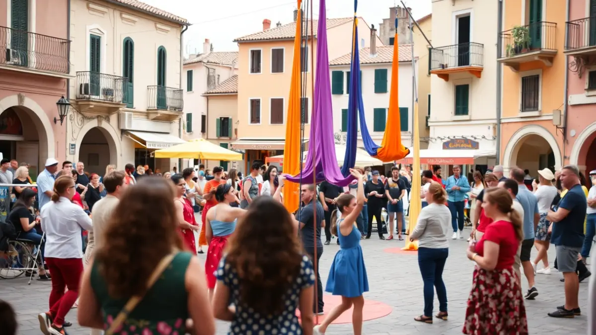 Imagen genérica de un festival de circo al aire libre en una plaza mediterránea, con actividades y espectáculos.
