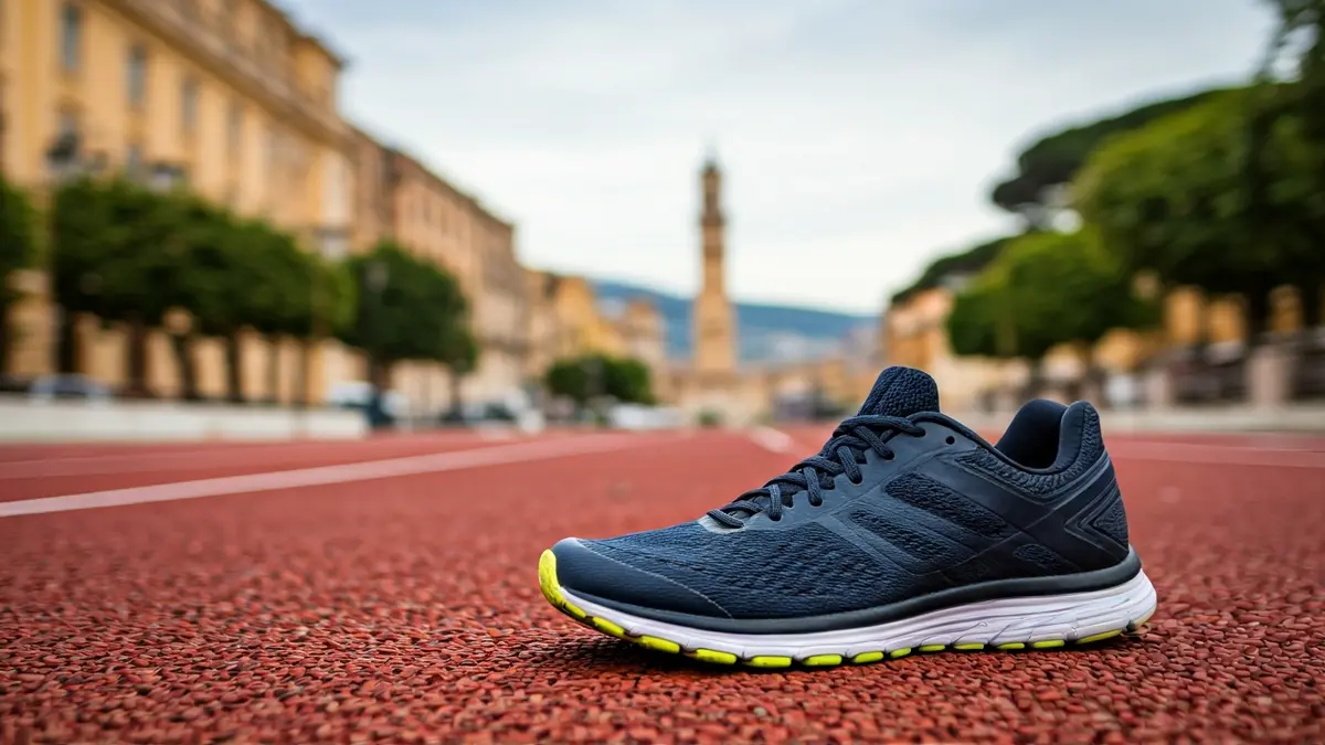 Imagen genérica de una zapatilla de correr en una pista de atletismo con un fondo urbano borroso.