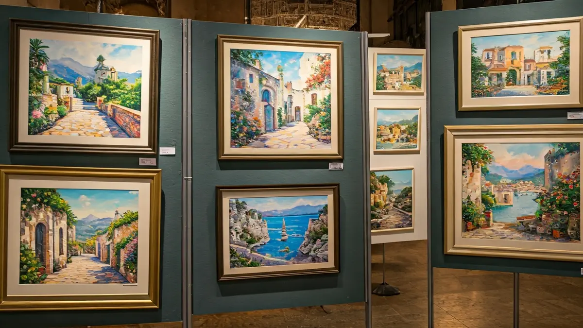 Imatge d'una exposició de pintures amb temàtica mediterrània.