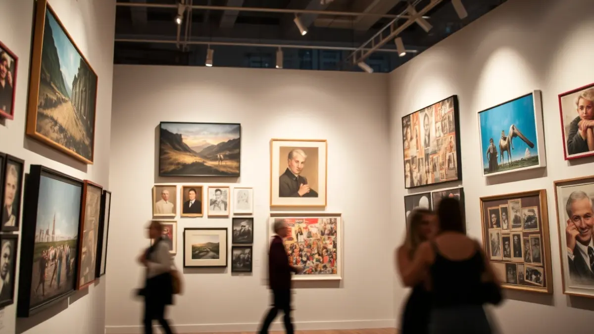 Imagen genérica de una exposición de arte con diversas obras y visitantes.