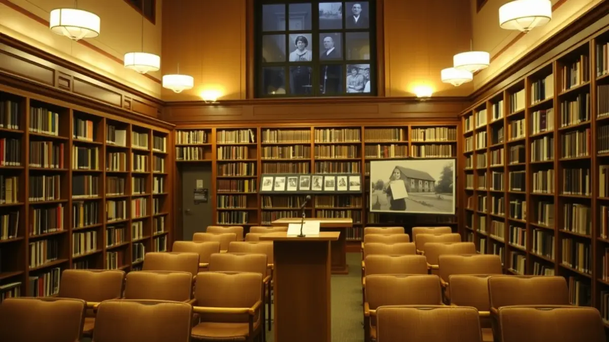 Imagen de una exposición sobre el exilio republicano en una biblioteca, con paneles gráficos y documentación histórica.