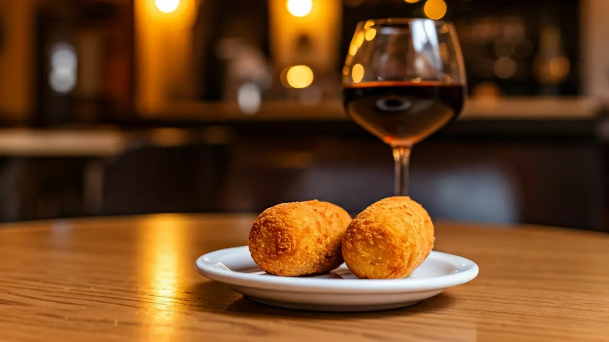 Imatge genèrica de dos croquetes daurades en un plat amb una beguda, en un ambient de bar mediterrani.