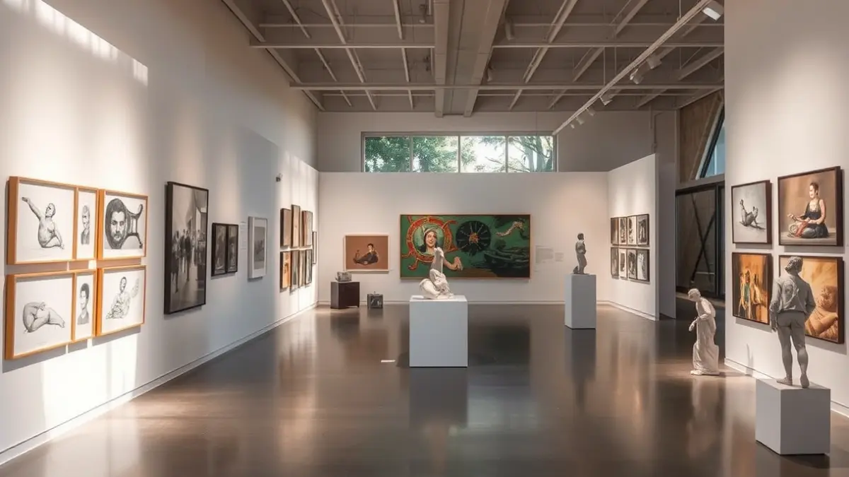 Imatge genèrica d'una sala d'exposicions d'art modern amb diverses obres i llum natural.