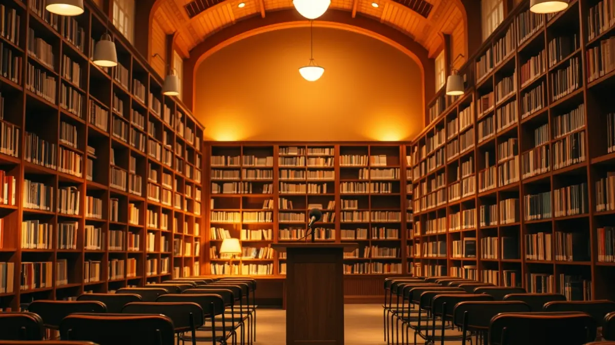 Generic image of a library interior with wooden bookshelves and a podium with a microphone.