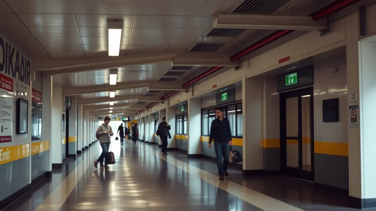 Image of a clean, repainted bus station with graffiti-free walls and some blurred travelers.