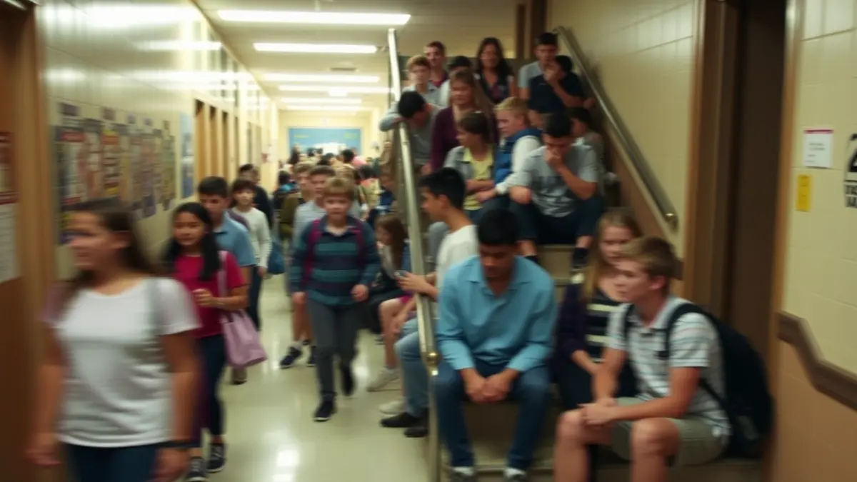Generic image of a school hallway with students, some sitting on stairs, suggesting lack of space.