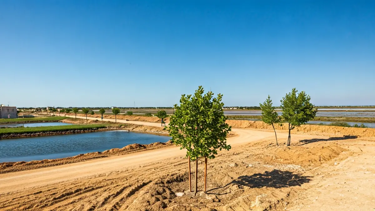Imagen de unas obras de construcción de un camping cerca de unas salinas, con bungalows parcialmente construidos y árboles plantados, pero sin una pantalla vegetal completa en el lado este.