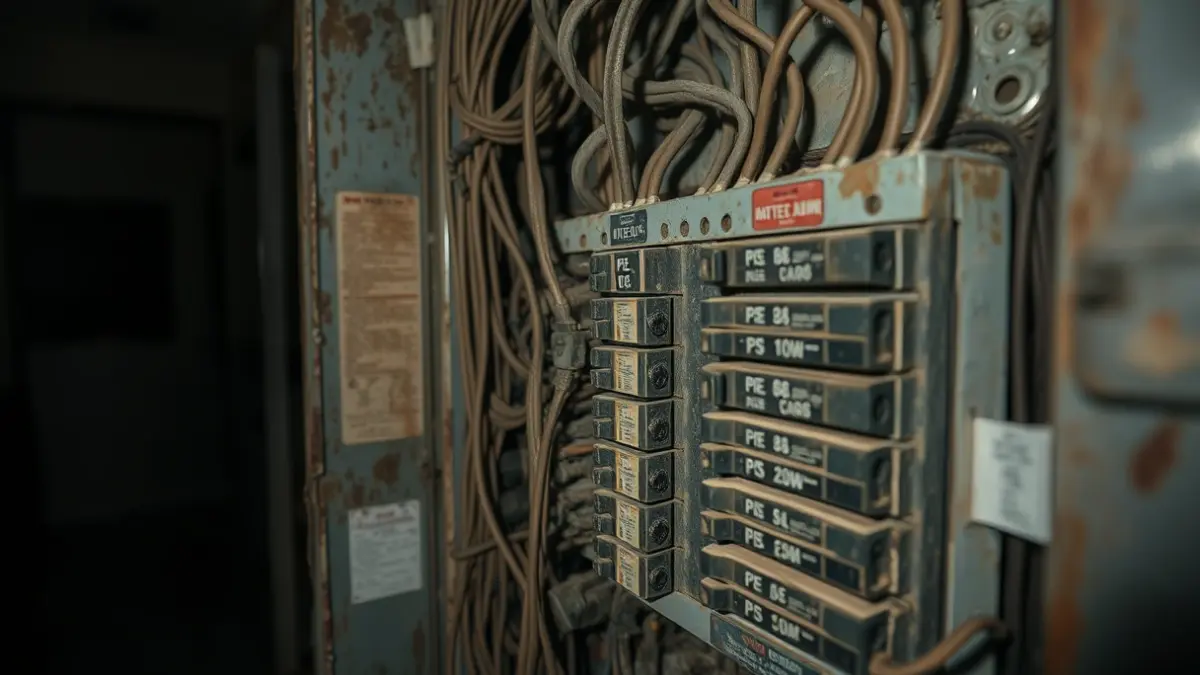 Imatge genèrica d'un quadre elèctric antic i polsós amb cables i interruptors, suggerint falta de manteniment.