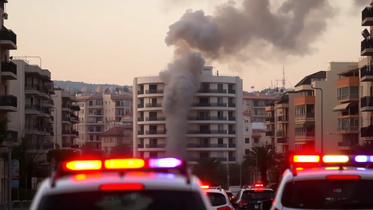 Image of a column of smoke rising from a building in a Mediterranean city, with blurred emergency lights.