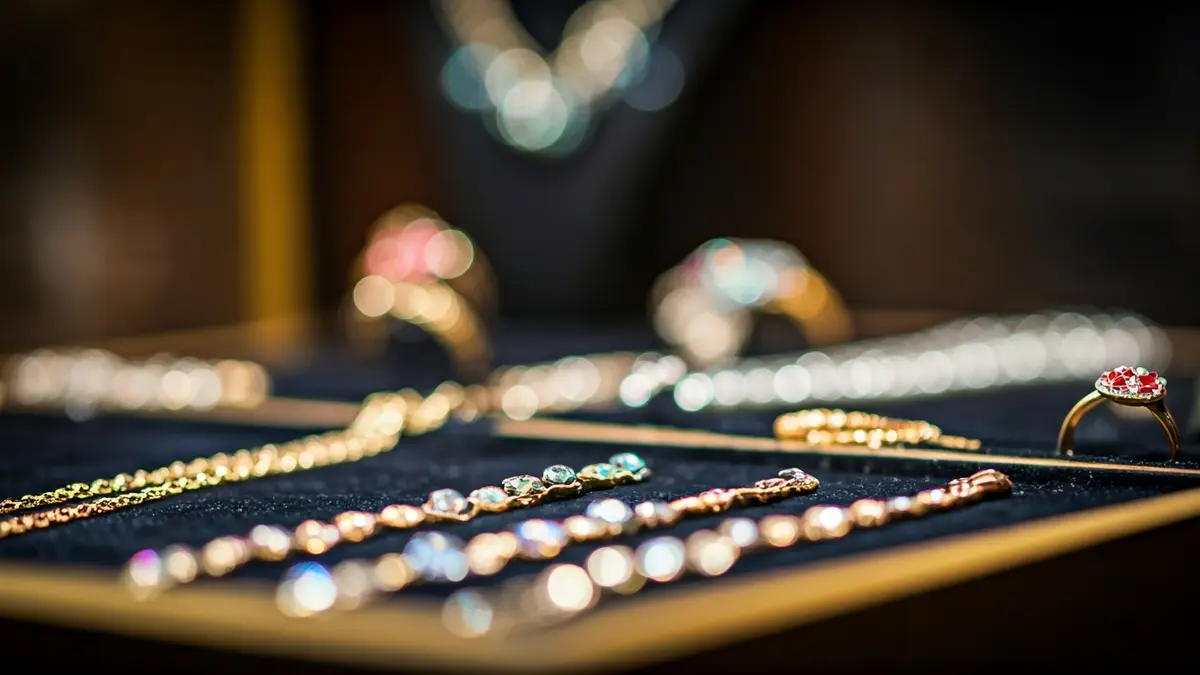Imagen genérica de joyas en un expositor, con anillos y collares brillantes sobre un paño de terciopelo oscuro.