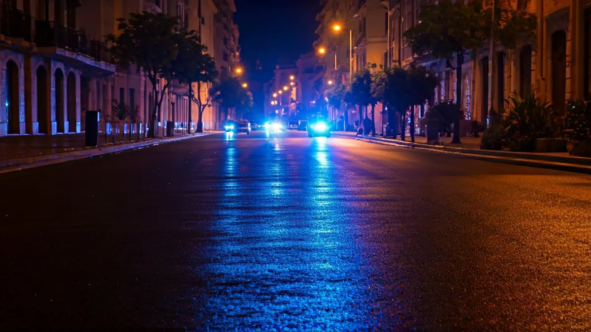 Imagen genérica de luces de emergencia reflejándose en el asfalto mojado de noche.