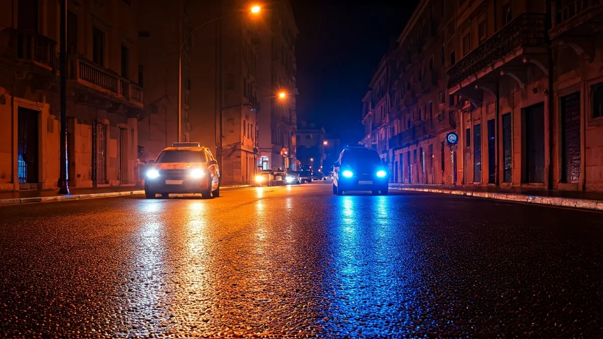 Imatge genèrica de llums d'emergència reflectint-se sobre l'asfalt mullat de nit.