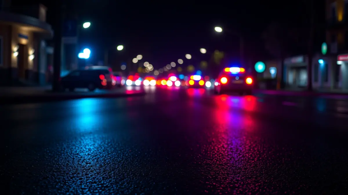 Imagen genérica de luces de emergencia reflejándose en el asfalto mojado de noche.