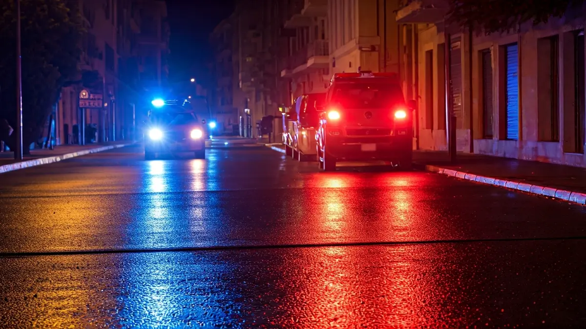 Generic image of emergency lights reflecting on wet asphalt at night.