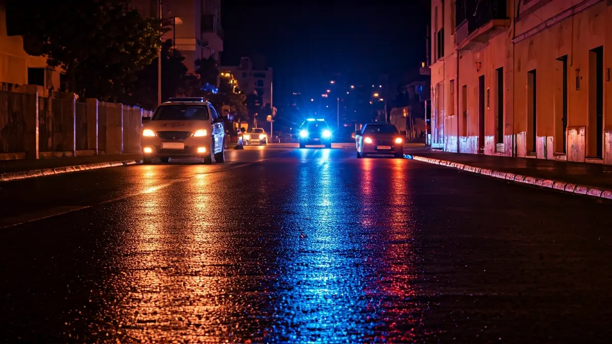 Imatge genèrica de llums d'emergència reflectint-se sobre asfalt mullat de nit.