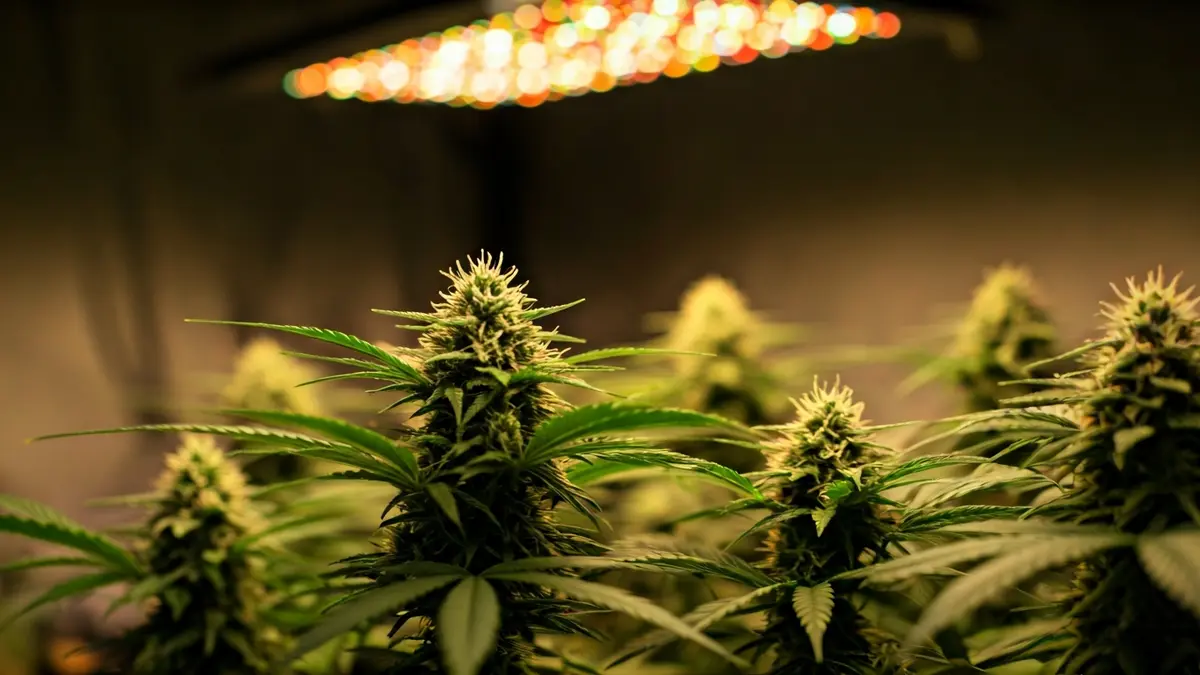 Imatge genèrica d'una plantació de marihuana interior amb llums de cultiu.
