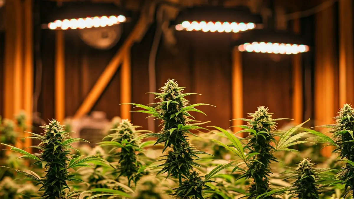 Imagen de una plantación interior de marihuana con luces de cultivo y sistemas de ventilación.