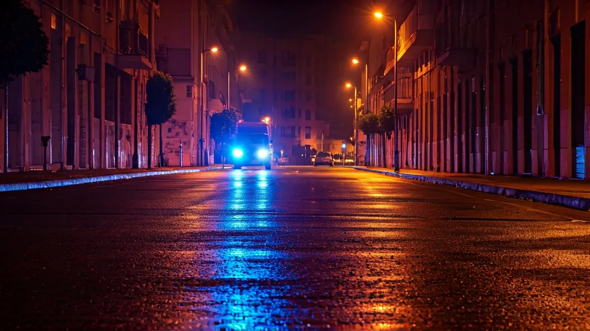 Imagen genérica de luces de emergencia reflejándose sobre asfalto mojado de noche.