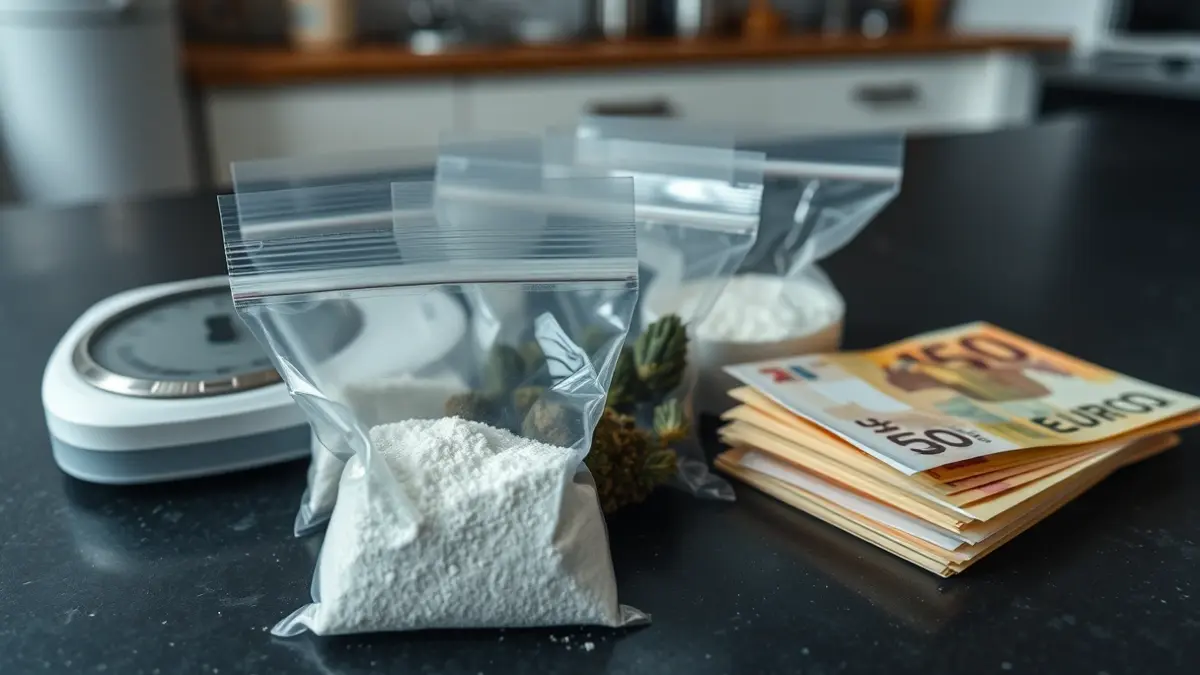 Imatge genèrica de drogues confiscades, diners i una bàscula de precisió.