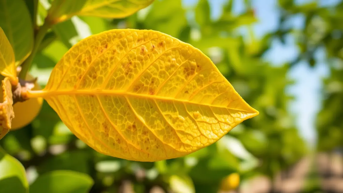 Generic image of a citrus leaf with symptoms of yellow vein chlorosis, with a blurred citrus plantation in the background.