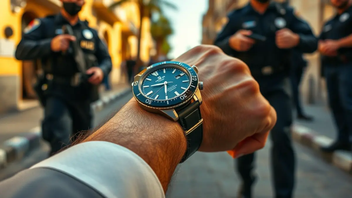 Imatge d'un rellotge de luxe en un canell, amb mans de policies desenfocades al fons, suggerint una detenció en un carrer mediterrani.