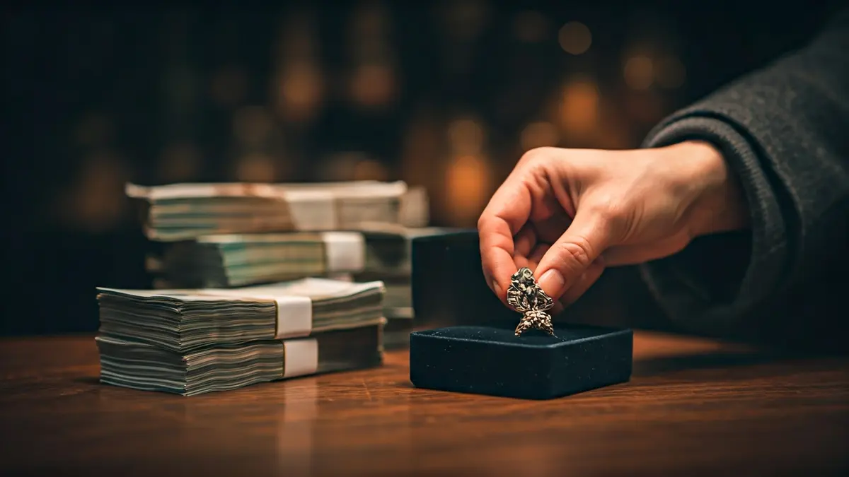 Imagen genérica de una mano colocando una joya en una caja, con dinero desenfocado al fondo.