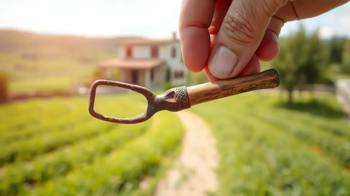 Imagen genérica de una herramienta agrícola antigua y oxidada, con un campo verde y una masía mediterránea desenfocados al fondo, bajo un cielo claro.