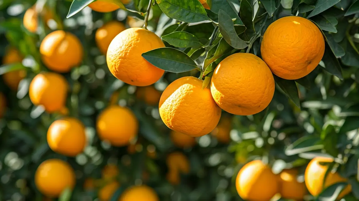 Imagen de unas naranjas Lane Late en un campo de cítricos.